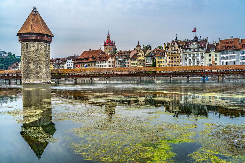 Kapellbrucke over Reuss River-Lucerne-Switzerland. Built in 1365 almost burned down in 1993.